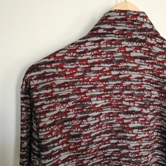 Hermes gray red horse pattern mens fall winter shirts wool silk. - Picture 3 of 14